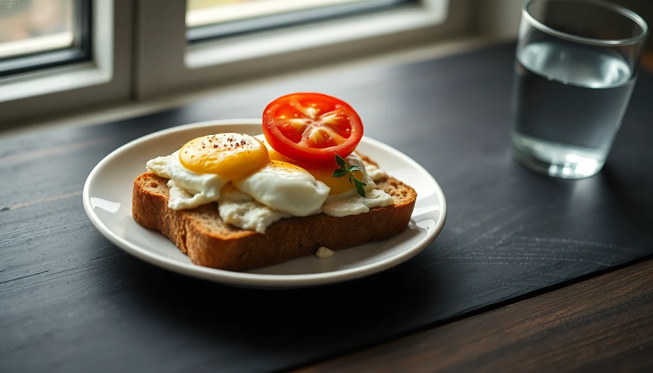 Wholemeal toast with scrambled eggs and sliced tomato on a white plate beside a glass of water on a wooden kitchen table