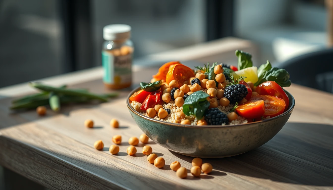 Colourful Buddha bowl with roasted vegetables, quinoa, and chickpeas on a light wooden table
