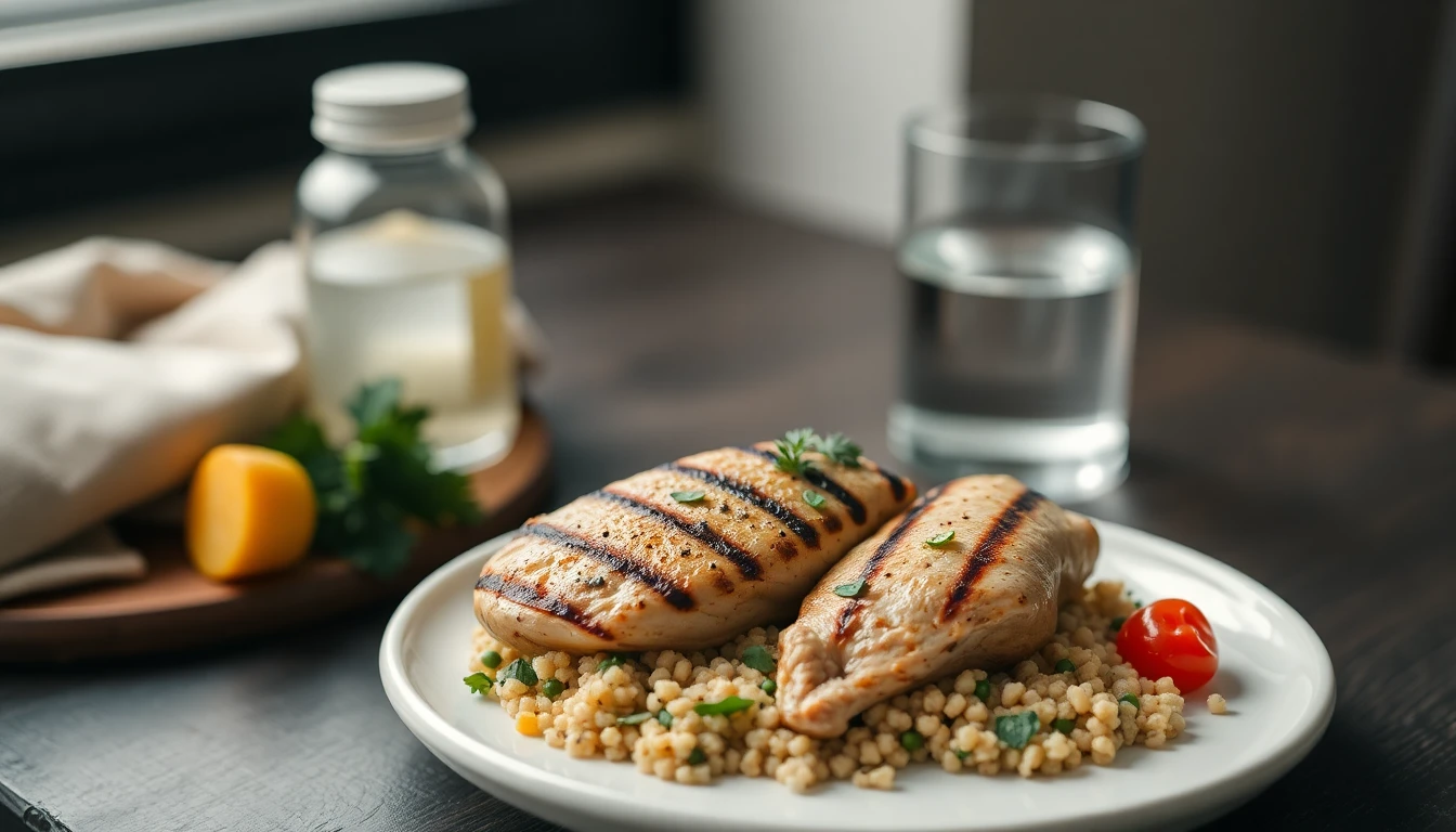 Grilled chicken breast with roasted vegetables and quinoa on a white ceramic plate beside a glass of water