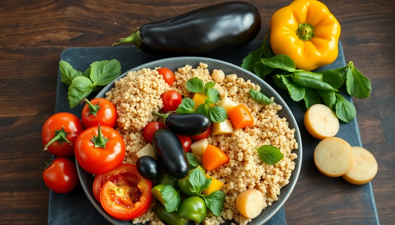 Vibrant assortment of tomatoes, aubergines, peppers and potatoes arranged on a wooden kitchen counter