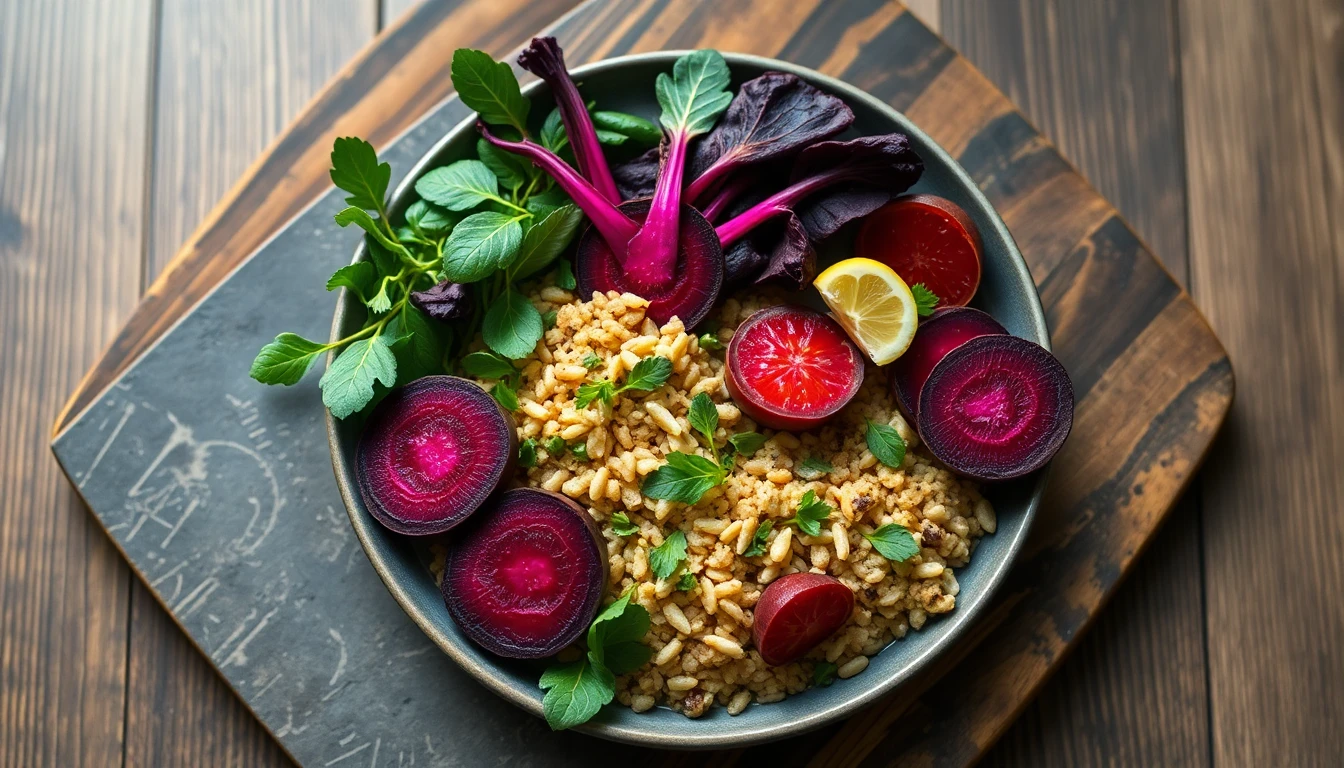 Vibrant purple beetroots and dark leafy greens arranged on a wooden cutting board with a chef's knife