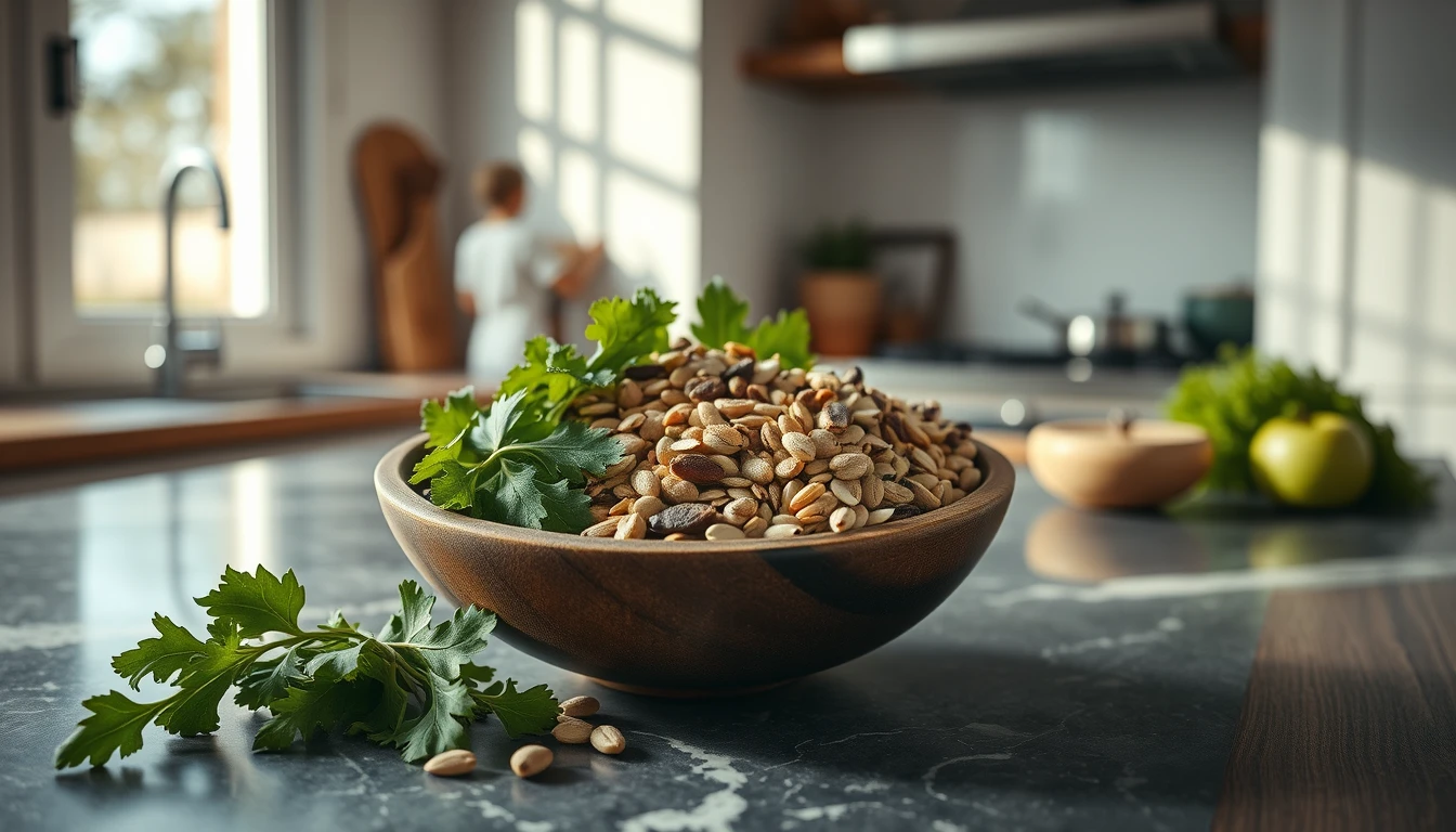 Wooden bowl filled with mixed seeds, nuts and leafy greens on a marble countertop with natural morning light