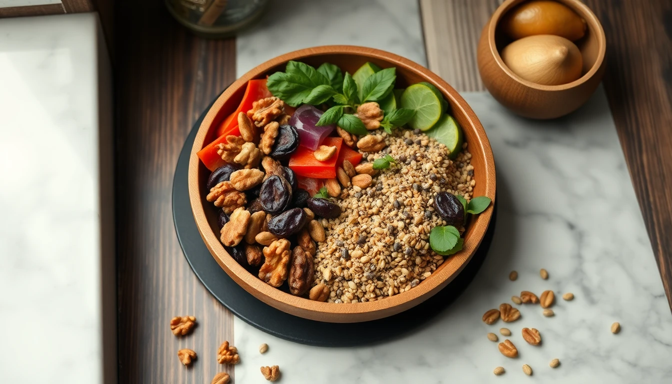 Wooden bowl filled with walnuts, chia seeds and flaxseeds on a marble countertop with scattered hemp hearts