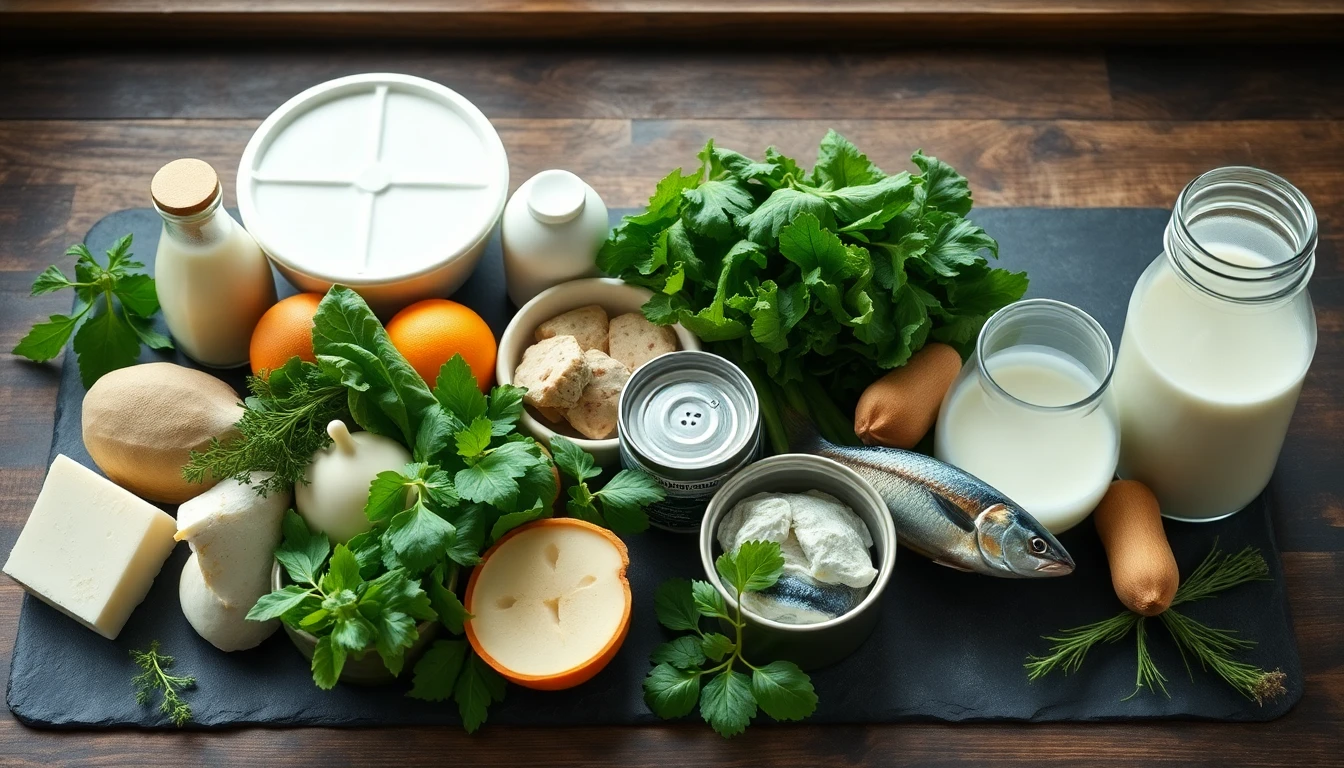 Assorted dairy products, leafy greens, tinned sardines and fortified plant milk arranged on a wooden kitchen counter