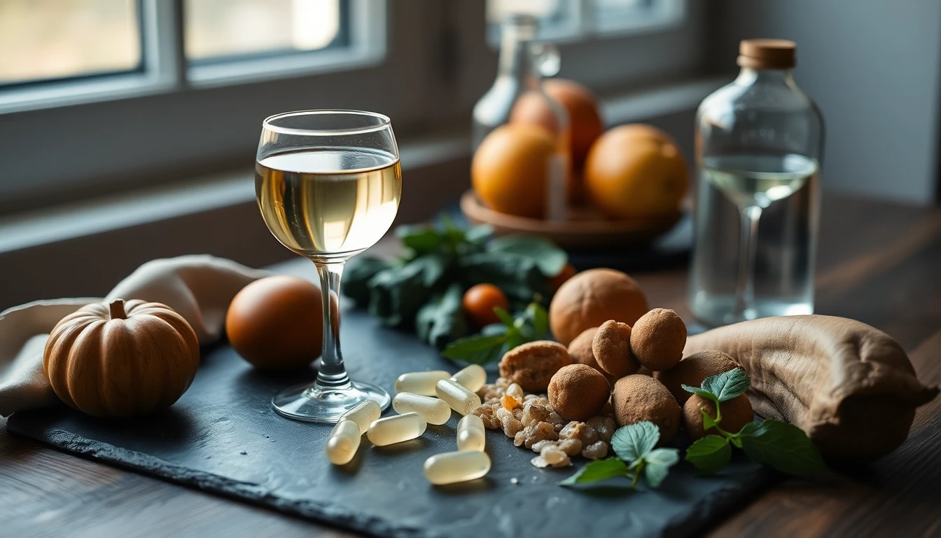 Glass of white wine beside a water glass on a wooden table with soft evening light