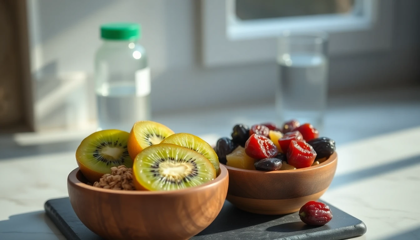 Wooden bowl filled with kiwifruit, prunes, and whole oats on a light marble counter with a glass of water