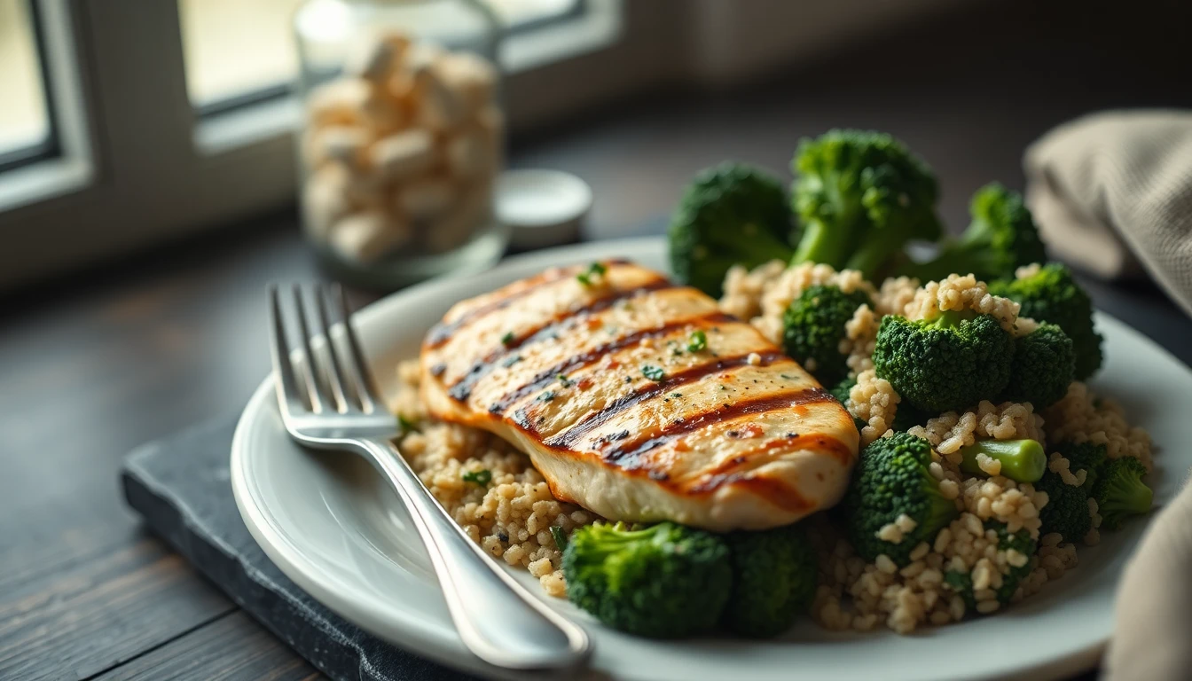 Grilled chicken breast with steamed broccoli and quinoa on a white ceramic plate with a fork