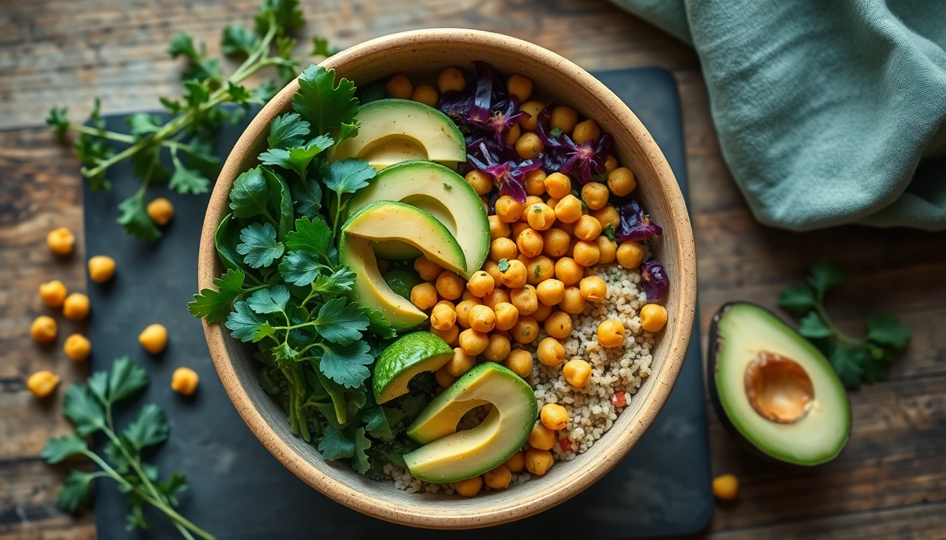 Colourful Buddha bowl with quinoa, roasted chickpeas, avocado slices, and leafy greens on a light wooden table