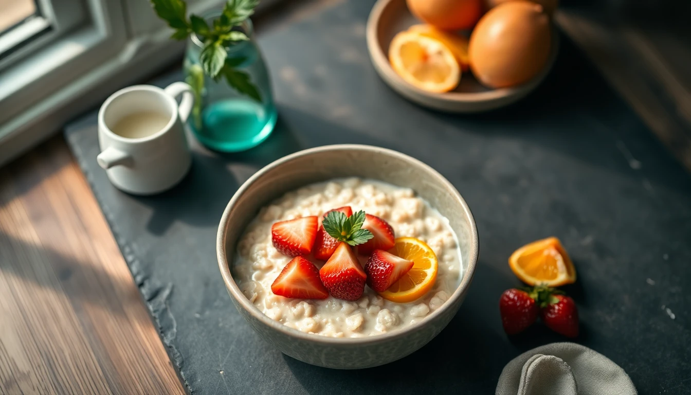 Bowl of creamy porridge topped with fresh strawberries and orange slices on a wooden breakfast table
