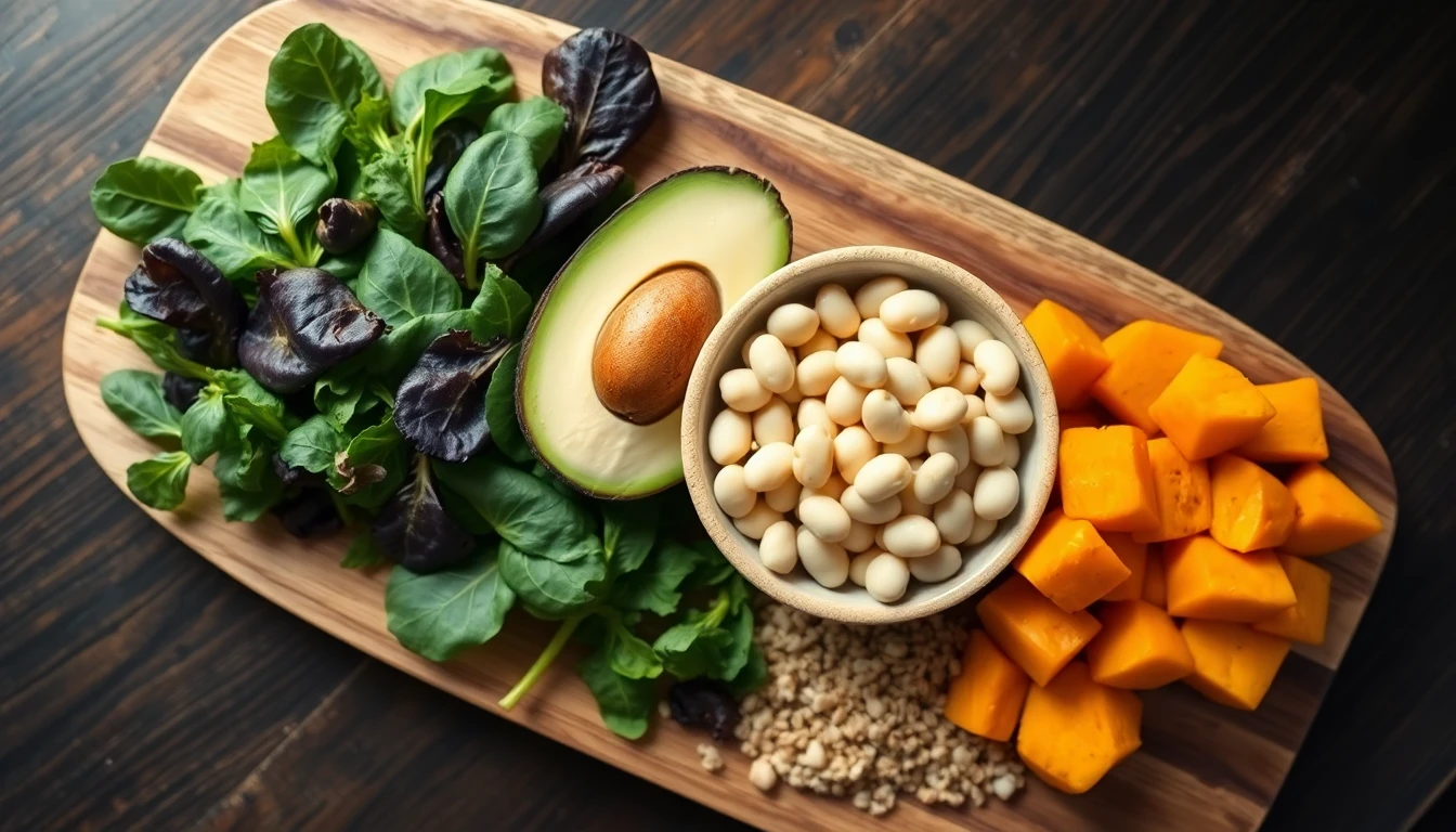 Wooden serving board with fresh spinach leaves, halved avocado, white beans in a ceramic bowl, and sweet potato chunks