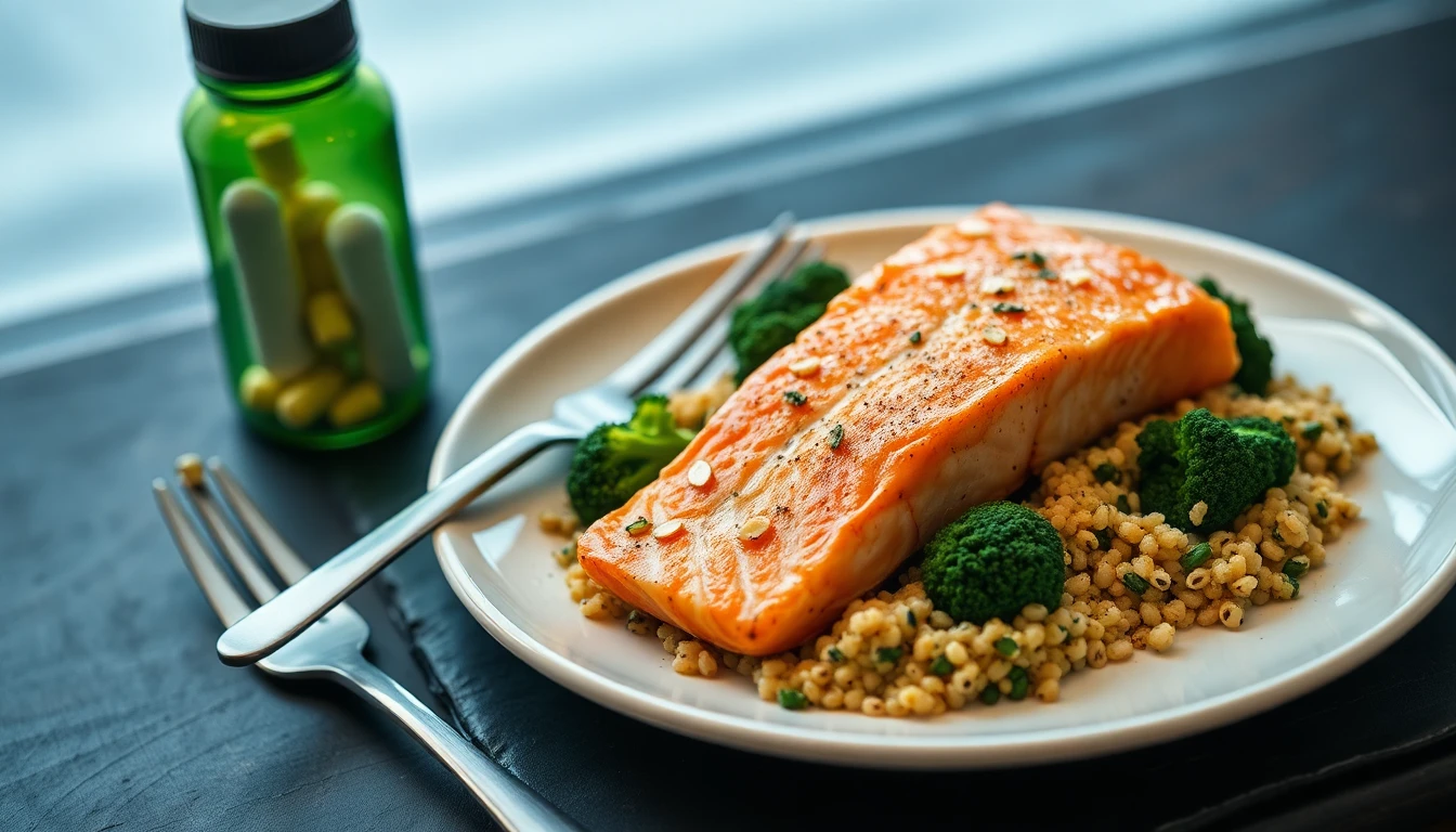 Fresh salmon fillet with steamed broccoli and quinoa on a white ceramic plate with a fork