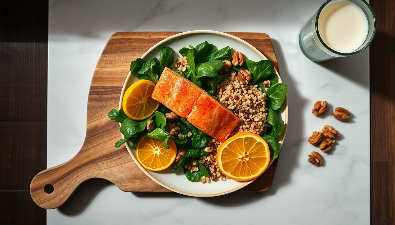 Wooden cutting board with fresh salmon, leafy spinach, orange slices, walnuts and a glass of milk arranged on a light marble counter