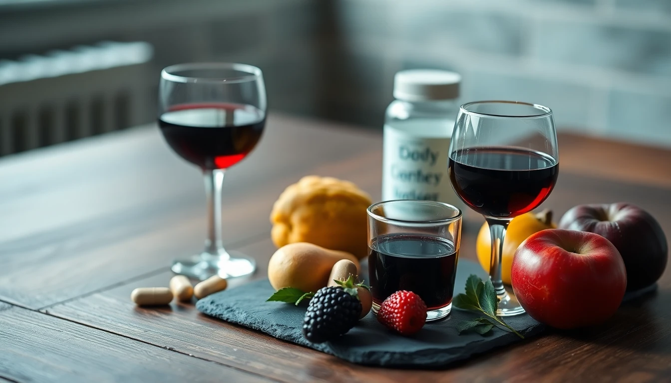 A glass of water and a small glass of red wine side by side on a wooden kitchen table beside a weekly pill organiser