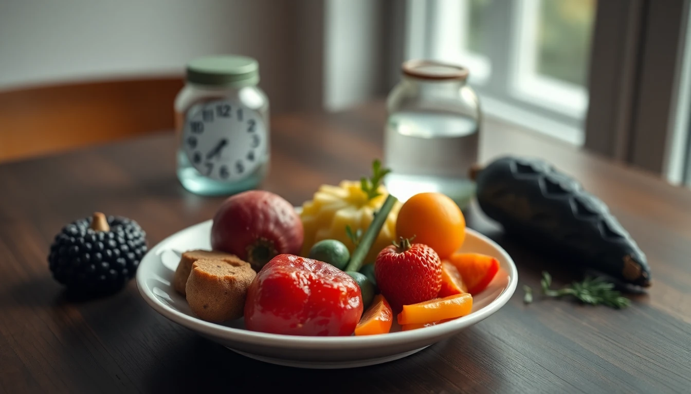 White ceramic plate with clock hands positioned at meal time alongside a glass of water on wooden table