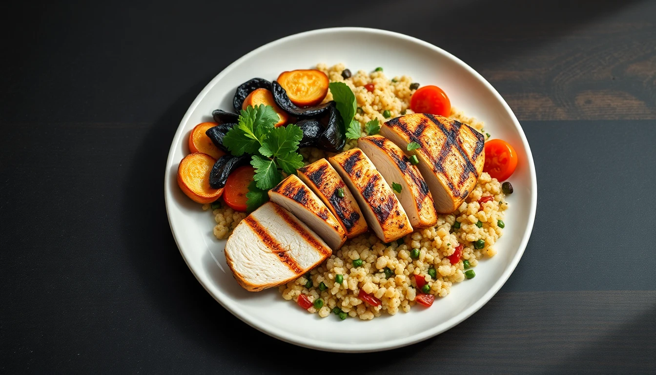 Grilled chicken breast sliced on a white ceramic plate with quinoa and roasted vegetables