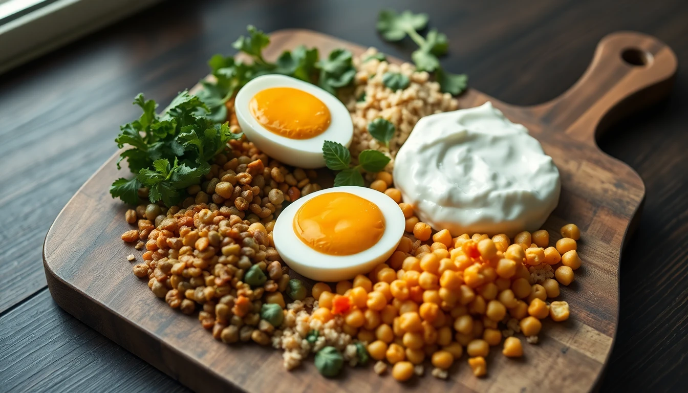 Variety of eggs, lentils, chickpeas, Greek yoghurt and quinoa arranged on a wooden cutting board