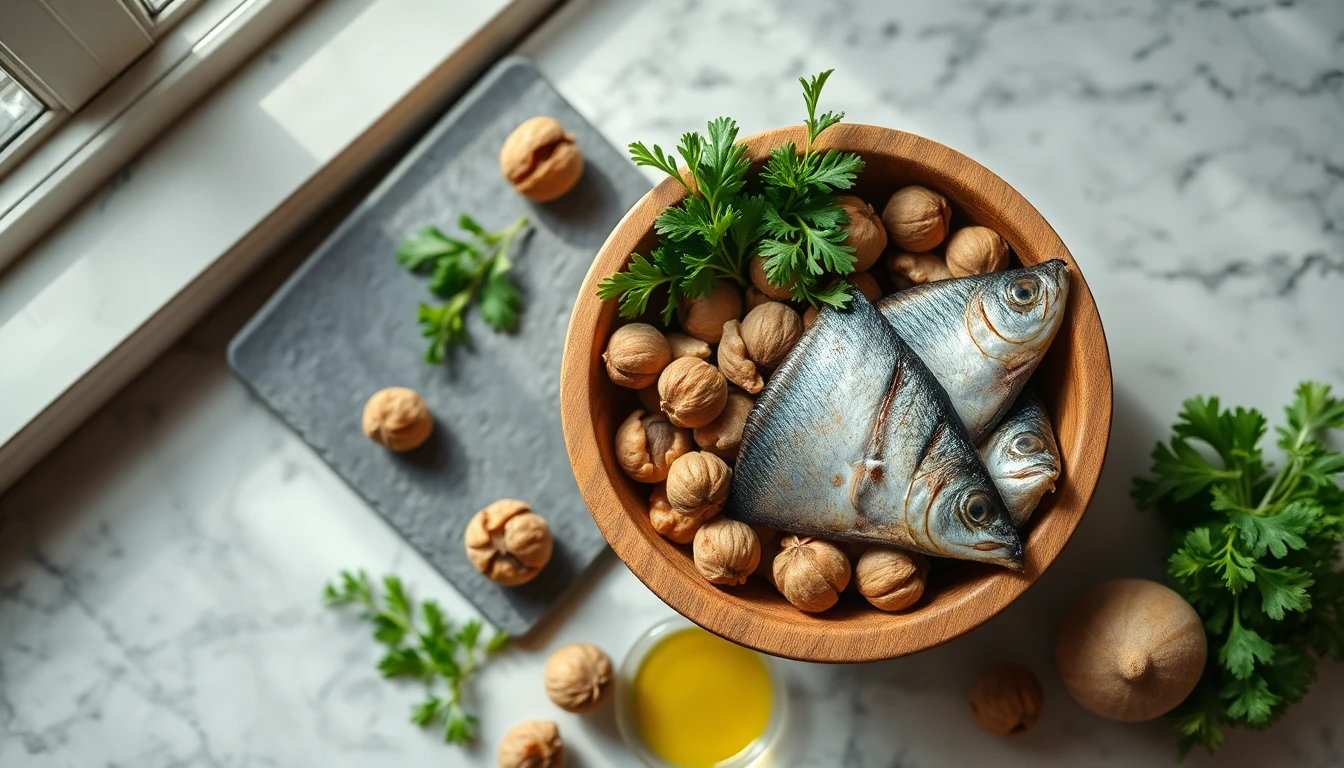 Wooden bowl filled with fresh mackerel, walnuts, olive oil, and vibrant leafy greens on a light marble surface
