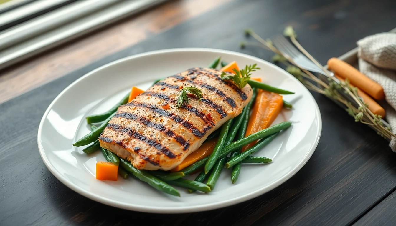 Grilled chicken breast with steamed green beans and carrots on a white ceramic plate