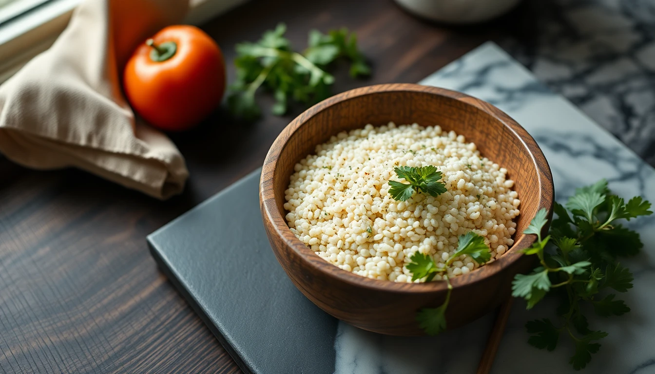 Rustic wooden bowl filled with cooked white quinoa grains beside fresh vegetables on a marble counter