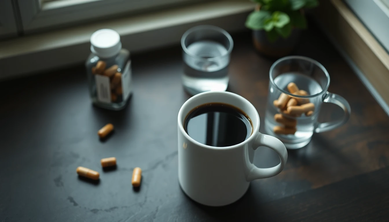 White ceramic mug of black coffee next to a glass of water on a wooden breakfast table