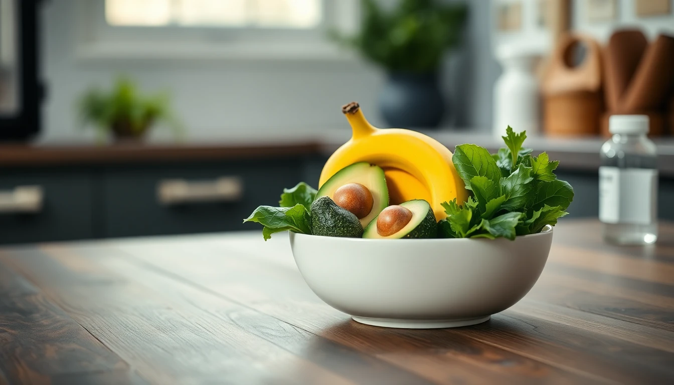 White ceramic bowl filled with fresh bananas, avocados, and leafy greens on a wooden kitchen counter