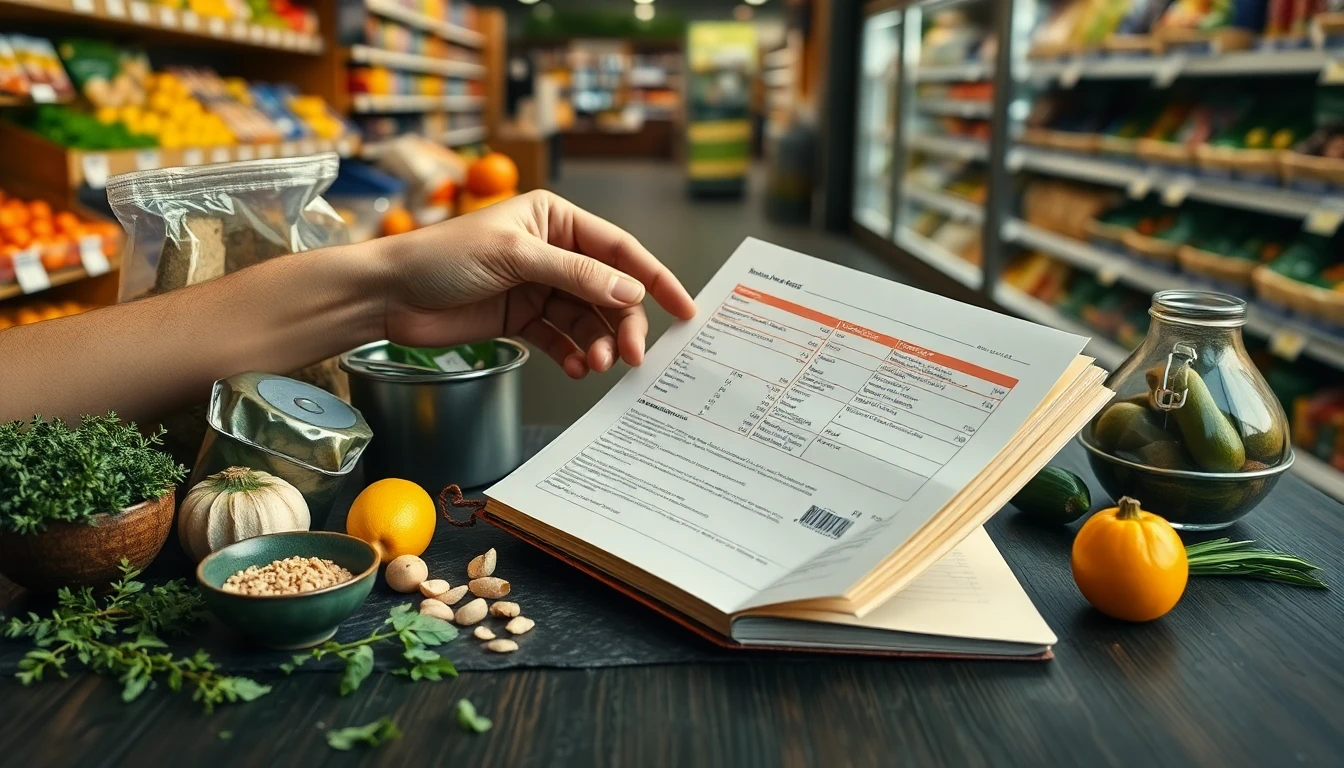 Person holding a food package while comparing nutrition information in a bright supermarket aisle