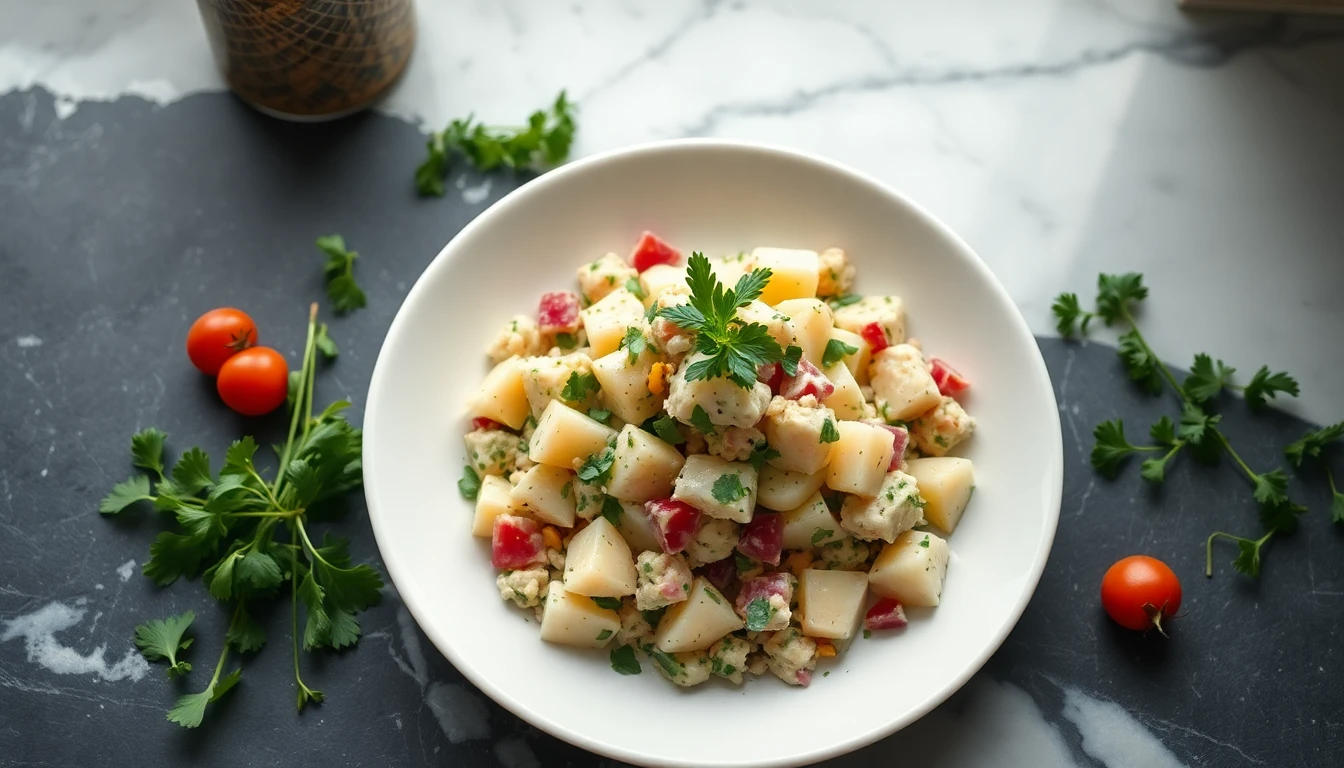Cooked and cooled potato salad in a white ceramic bowl surrounded by fresh herbs on a marble countertop