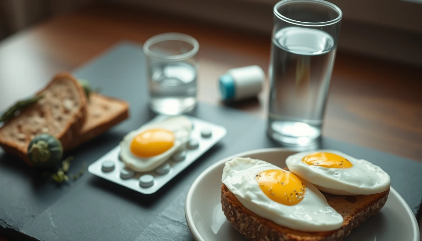 Breakfast table with whole grain toast, poached eggs, and a glass of water beside a medication blister pack