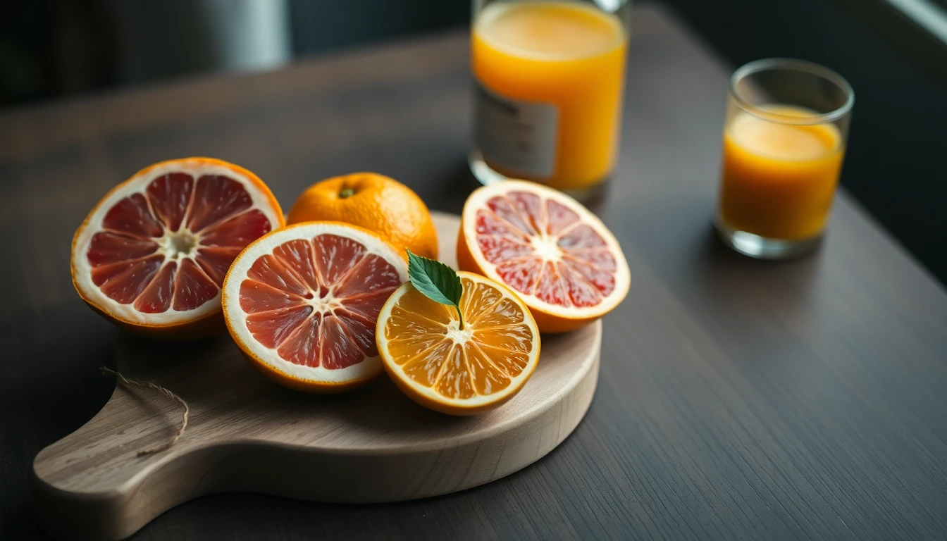 Halved pink grapefruit and whole oranges on a light wooden board beside a glass of orange juice