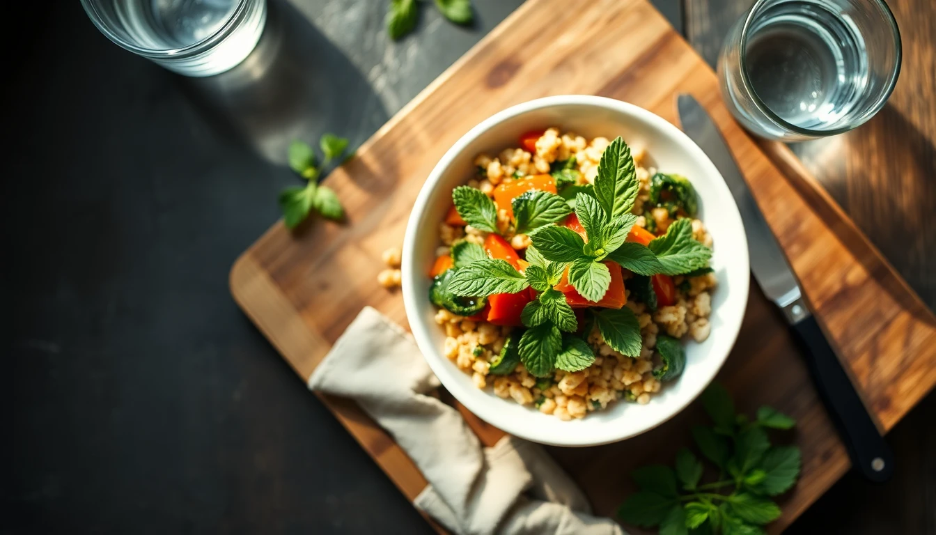 Fresh spearmint sprigs in a white ceramic bowl on a wooden chopping board beside a small knife and a glass of water