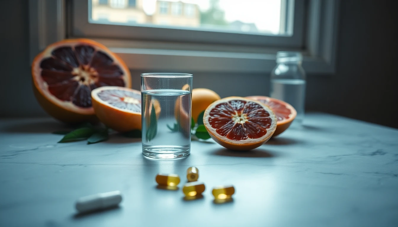 Prescription medication bottle beside a glass of water and fresh grapefruit halves on a white marble countertop