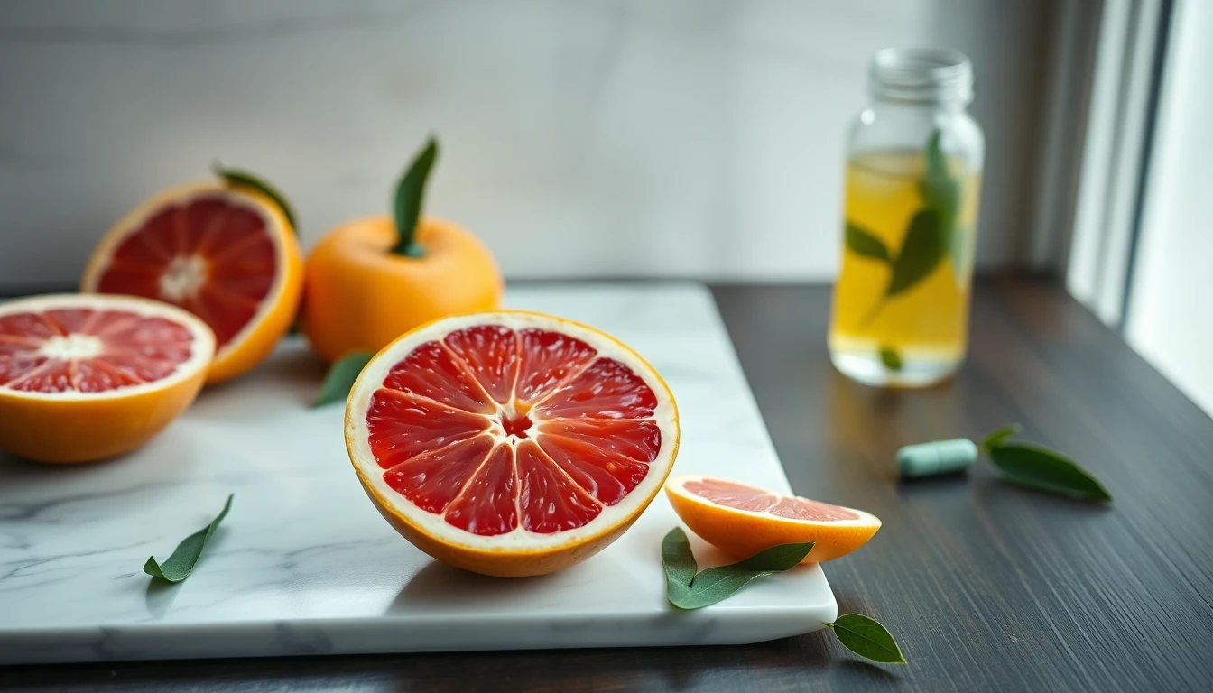 Halved pink grapefruit on a white marble worktop next to a glass of fresh juice