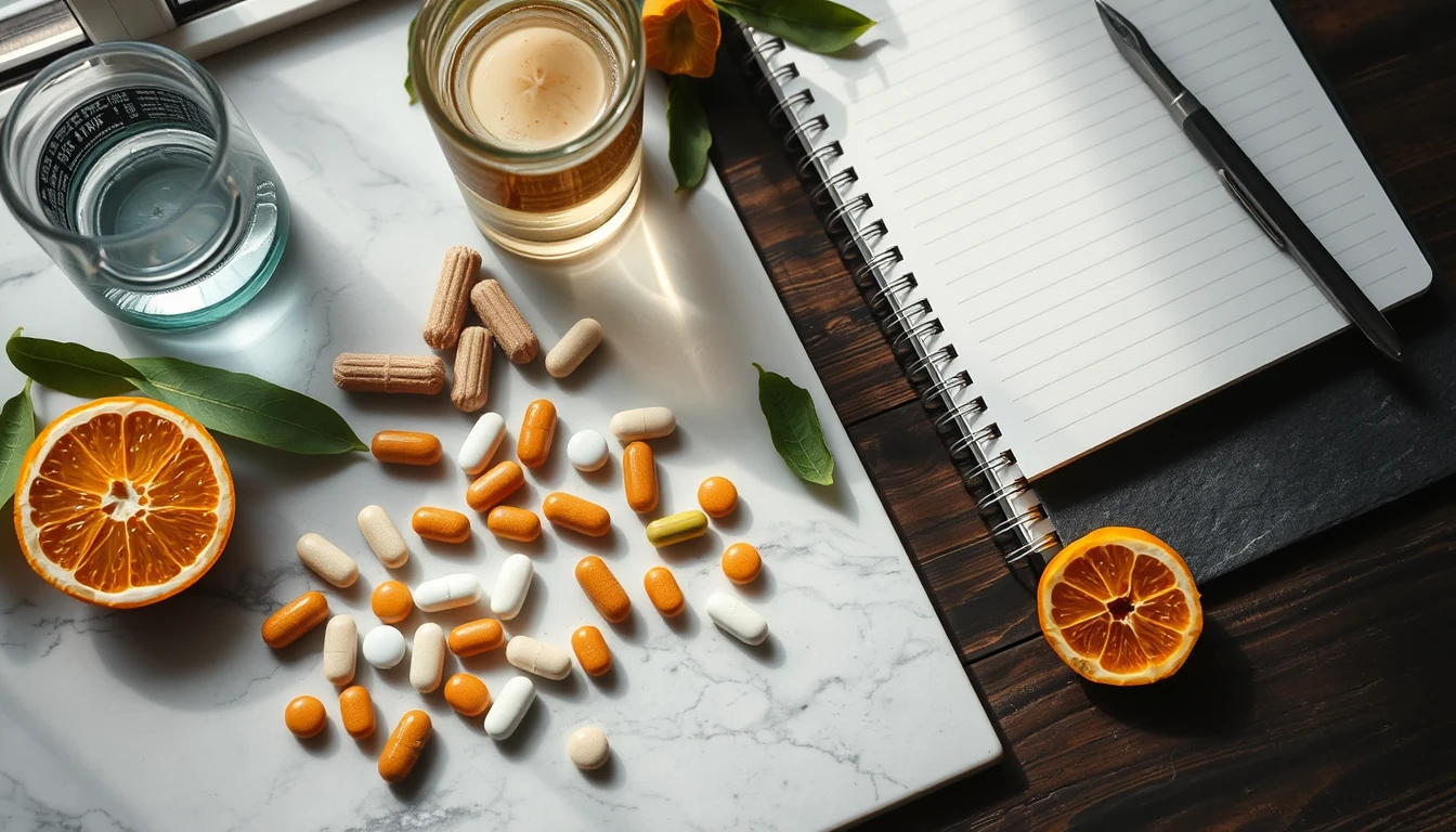 Assorted vitamin supplement capsules and tablets arranged on a white marble surface beside a glass of water and fresh citrus fruit