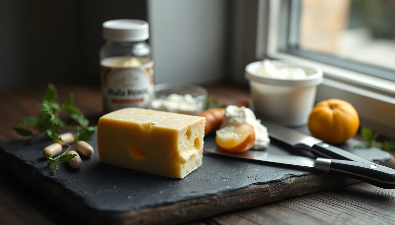 Wedge of holey Swiss cheese on a wooden board beside a tub of cottage cheese and a knife