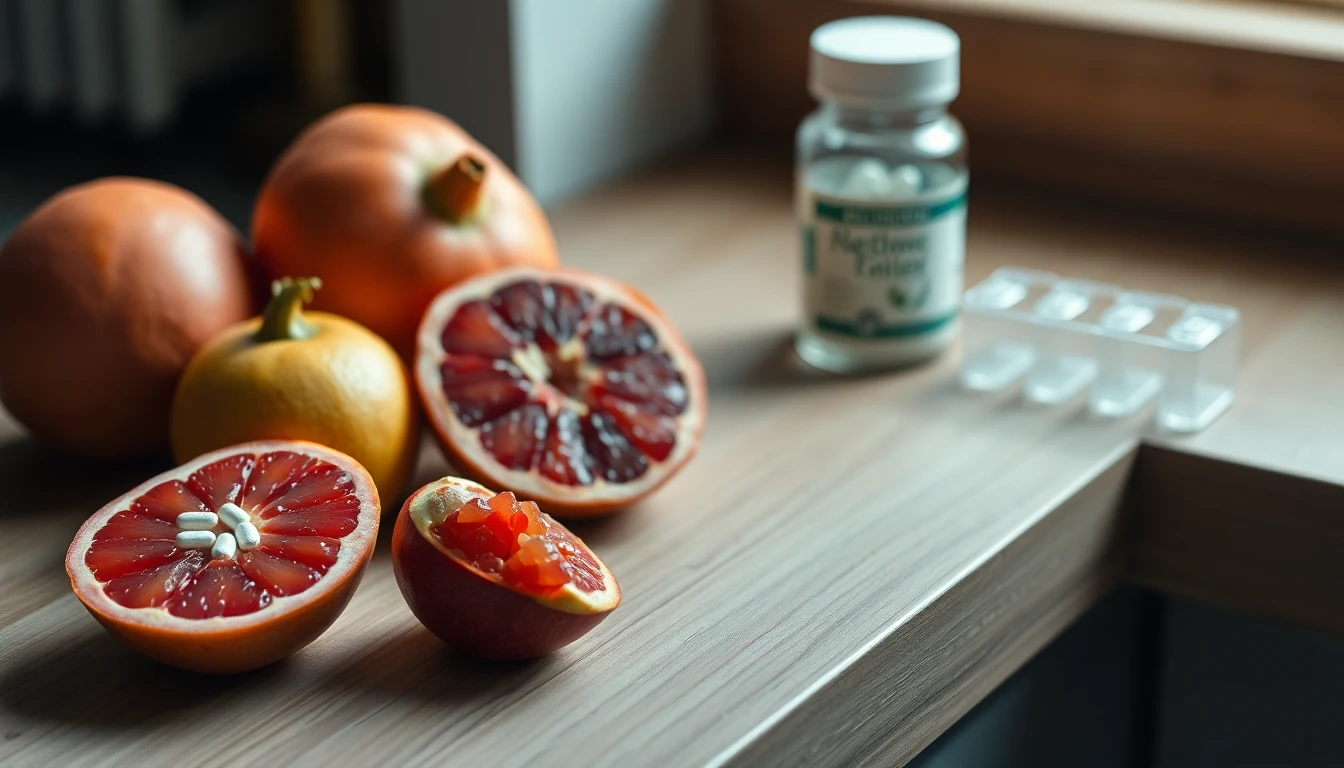 Whole and halved grapefruit and a pomegranate on a pale wooden kitchen worktop beside a weekly pill organiser