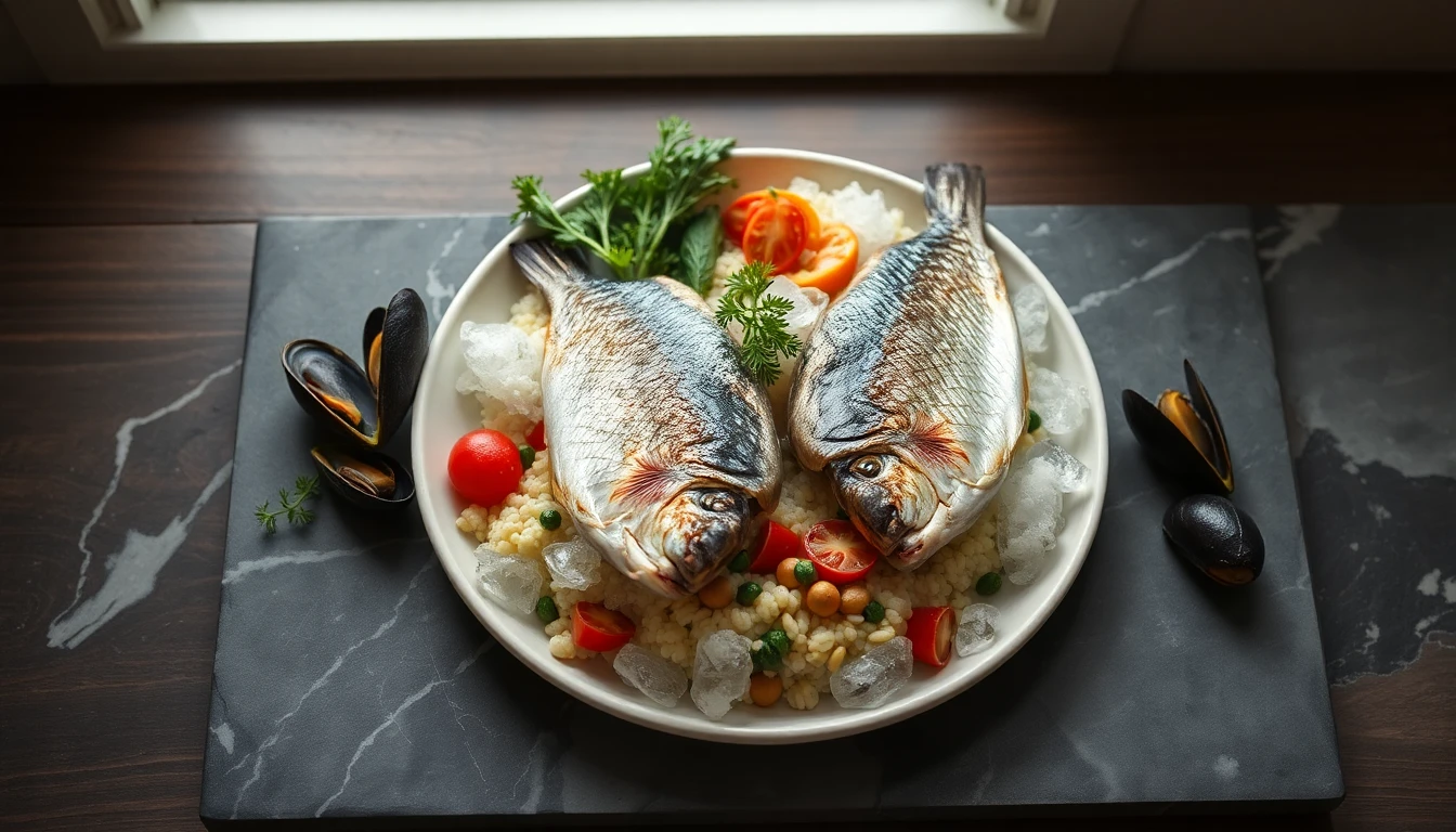 Fresh mackerel fillets arranged on ice alongside mussels and dark leafy greens on a marble counter