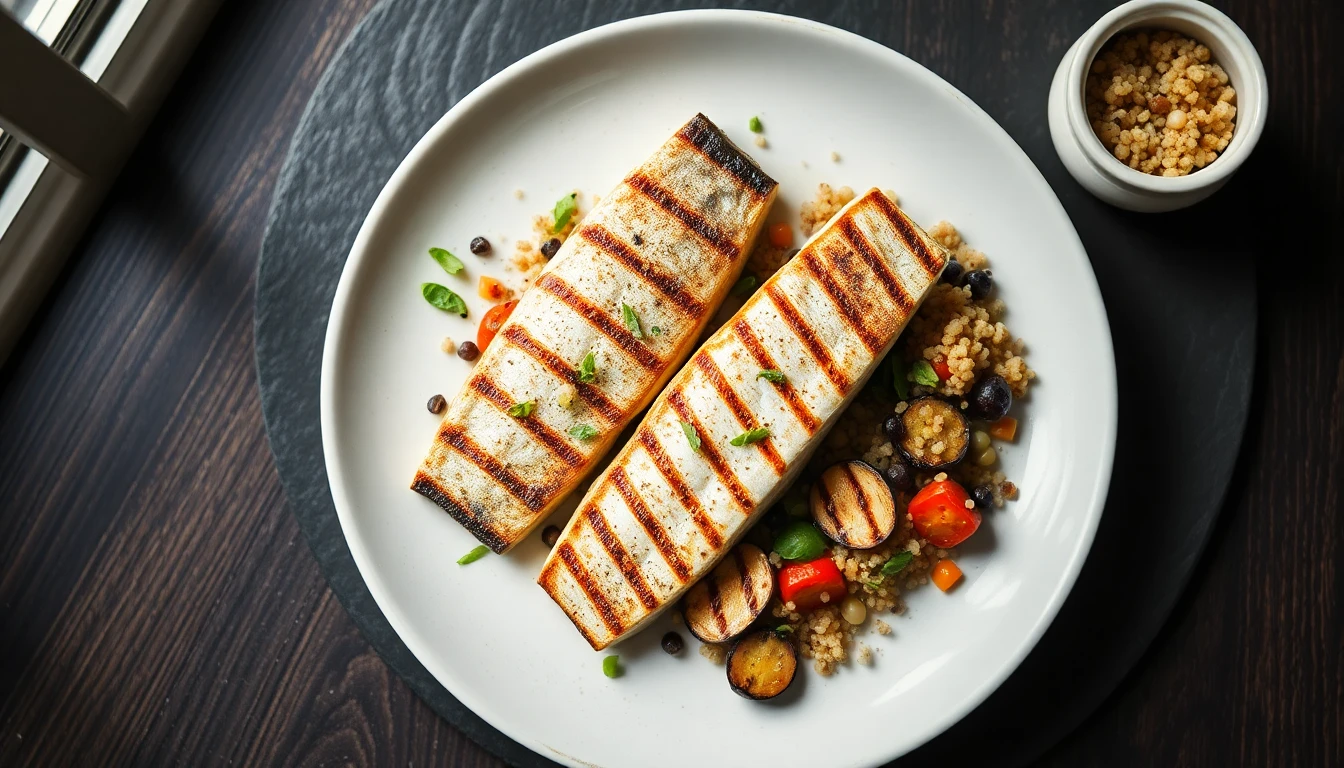 Grilled mackerel fillets on a white plate with roasted vegetables and quinoa
