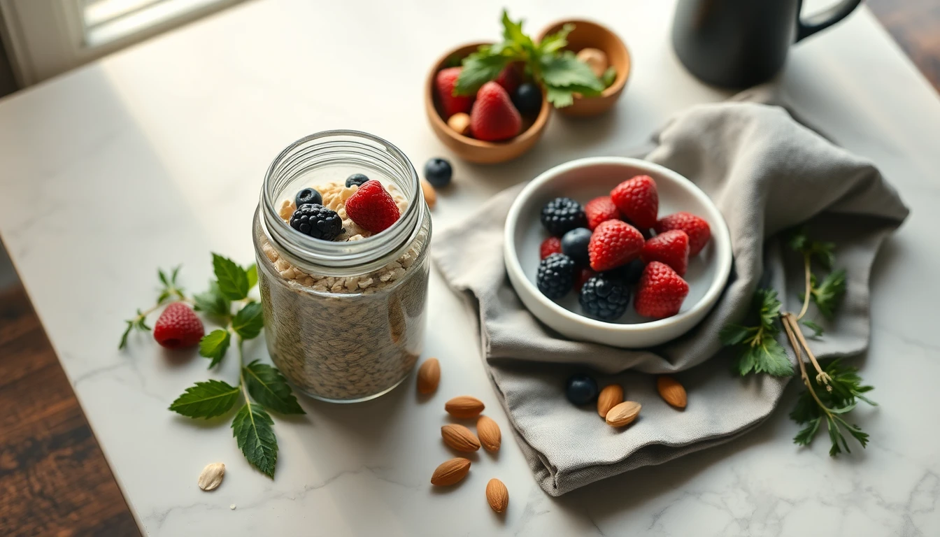 Breakfast table with overnight oats in a glass jar, fresh berries, almonds and a grey linen napkin on white marble surface