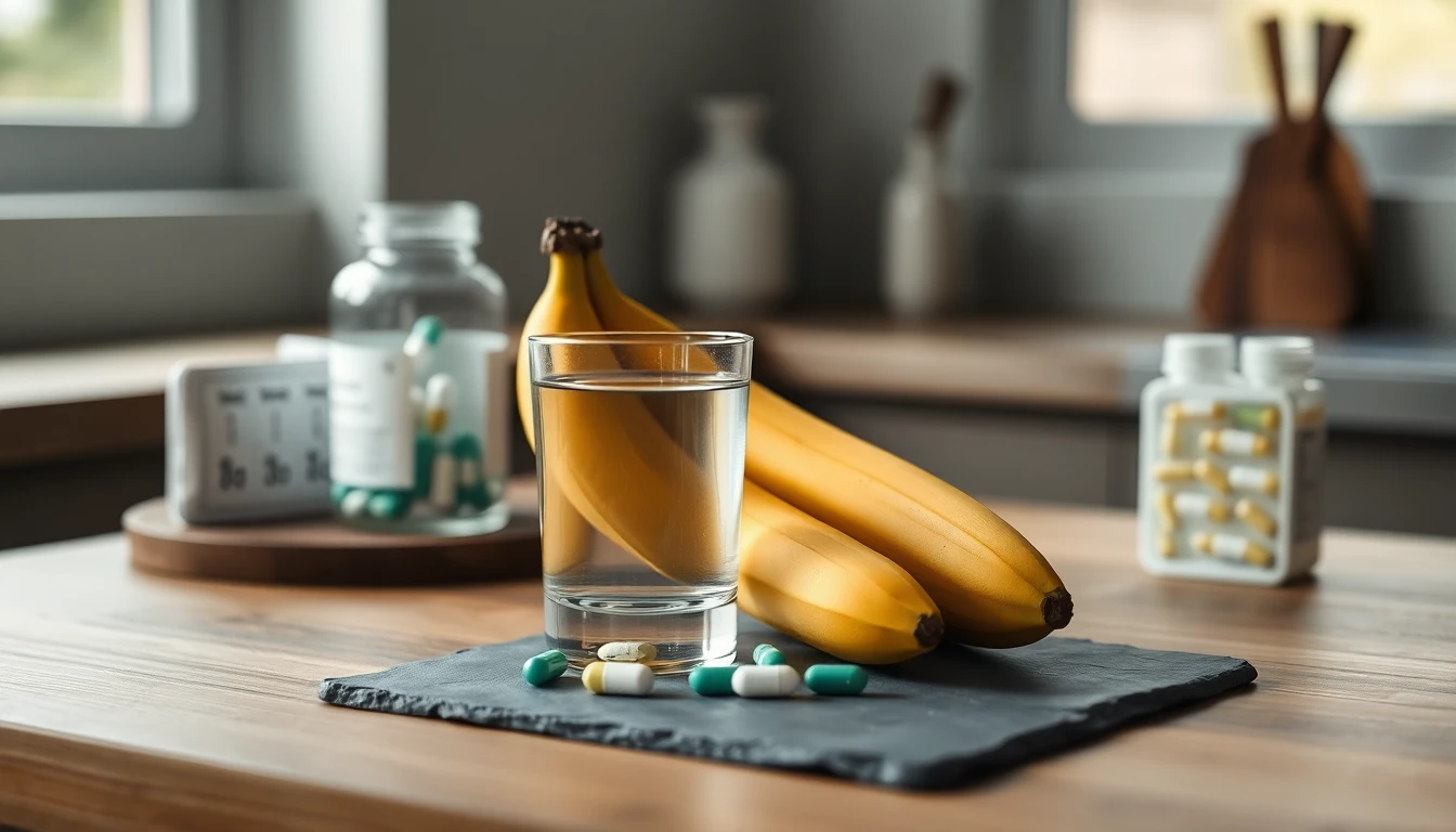 Two ripe bananas and a glass of water on a pale wooden kitchen worktop beside a weekly pill organiser