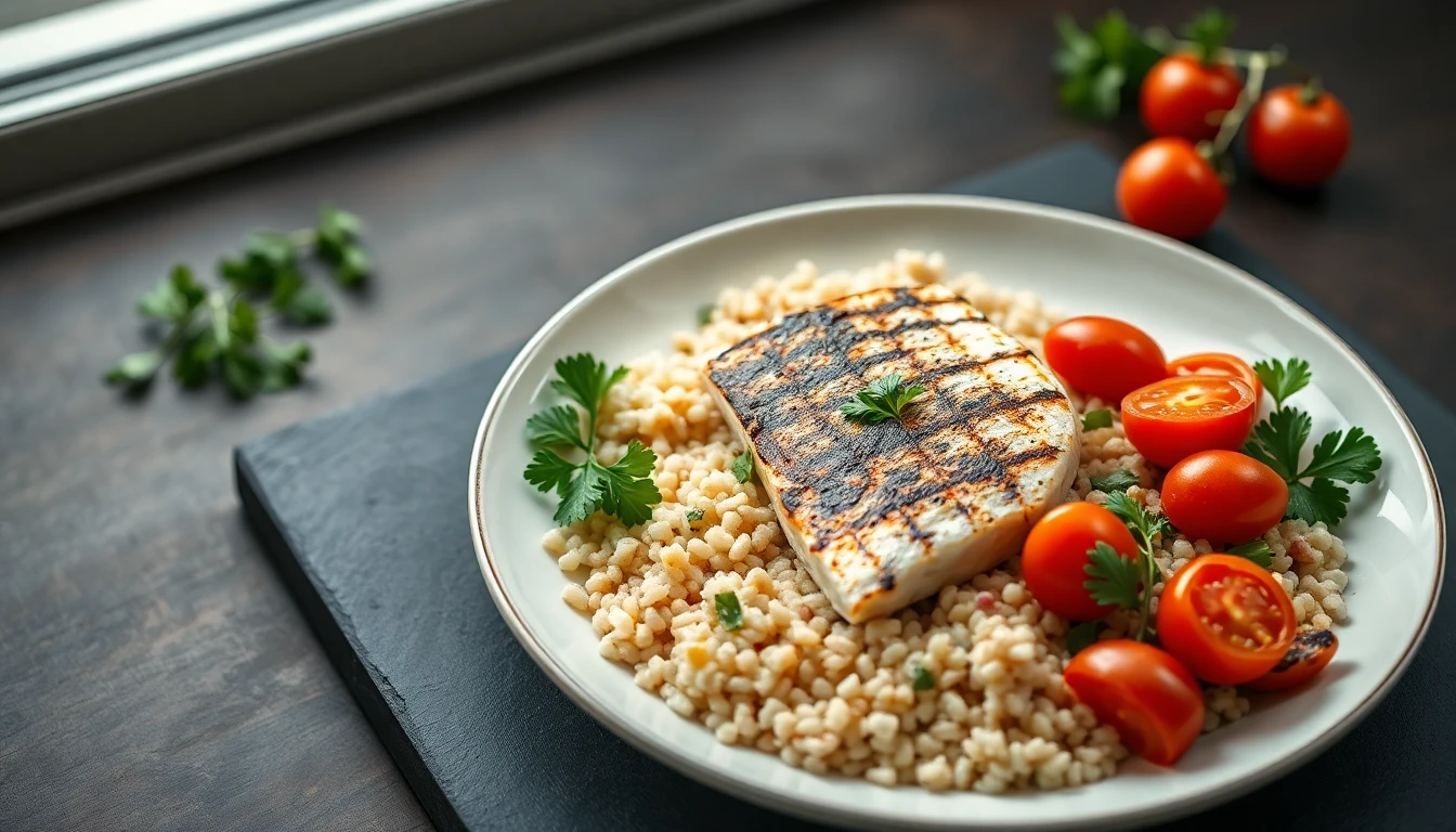 Grilled mackerel fillets on a white ceramic plate with fresh parsley and cherry tomatoes
