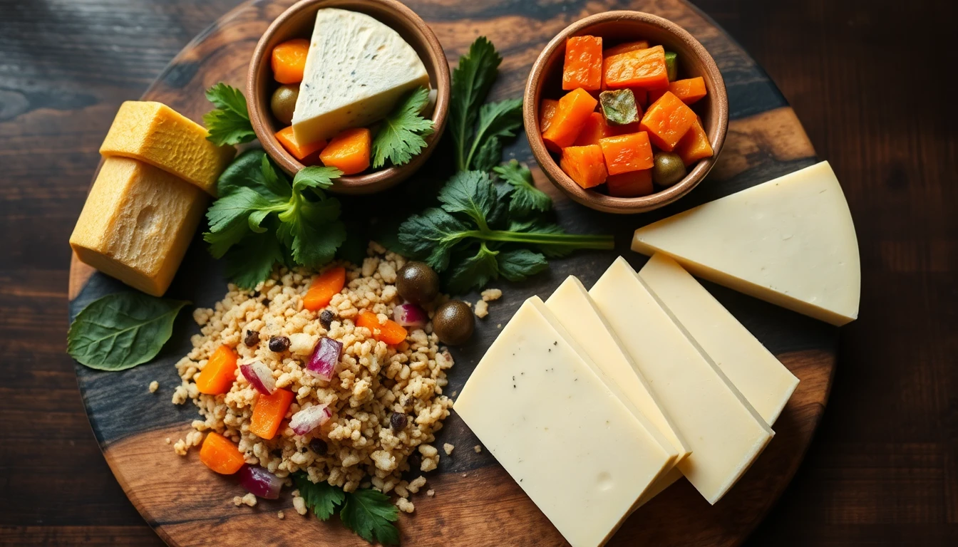 Aged hard cheese wedges arranged on wooden board with fermented vegetables in ceramic bowls