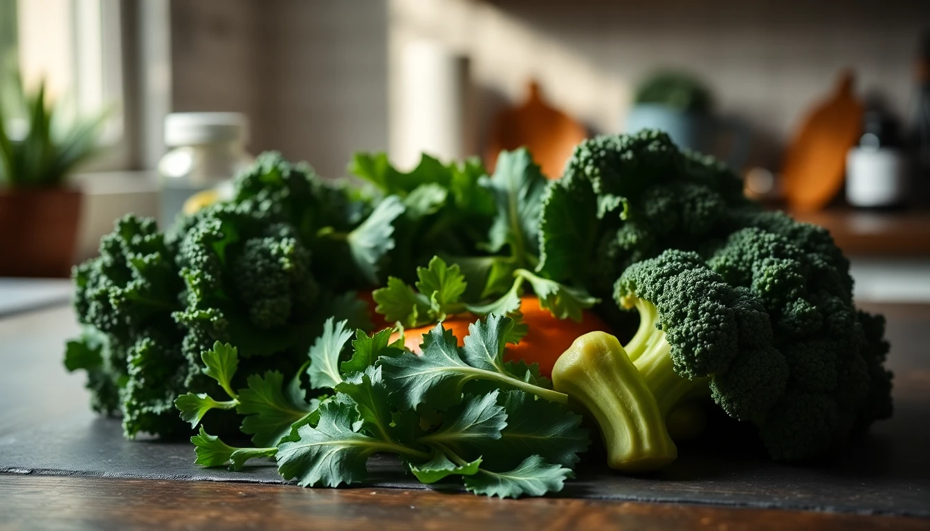 Fresh green leafy vegetables including kale, spinach and broccoli arranged on a wooden kitchen counter with natural window light