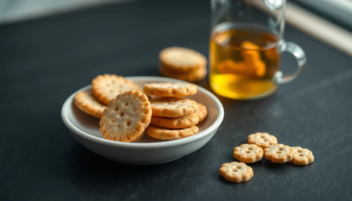 Plain crackers and ginger root on a white ceramic plate with chamomile tea