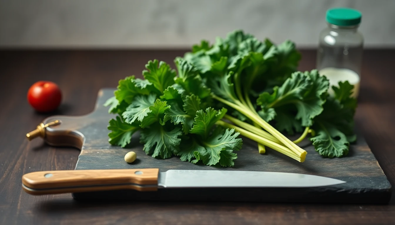 Fresh kale and spinach leaves arranged on a wooden cutting board with a knife