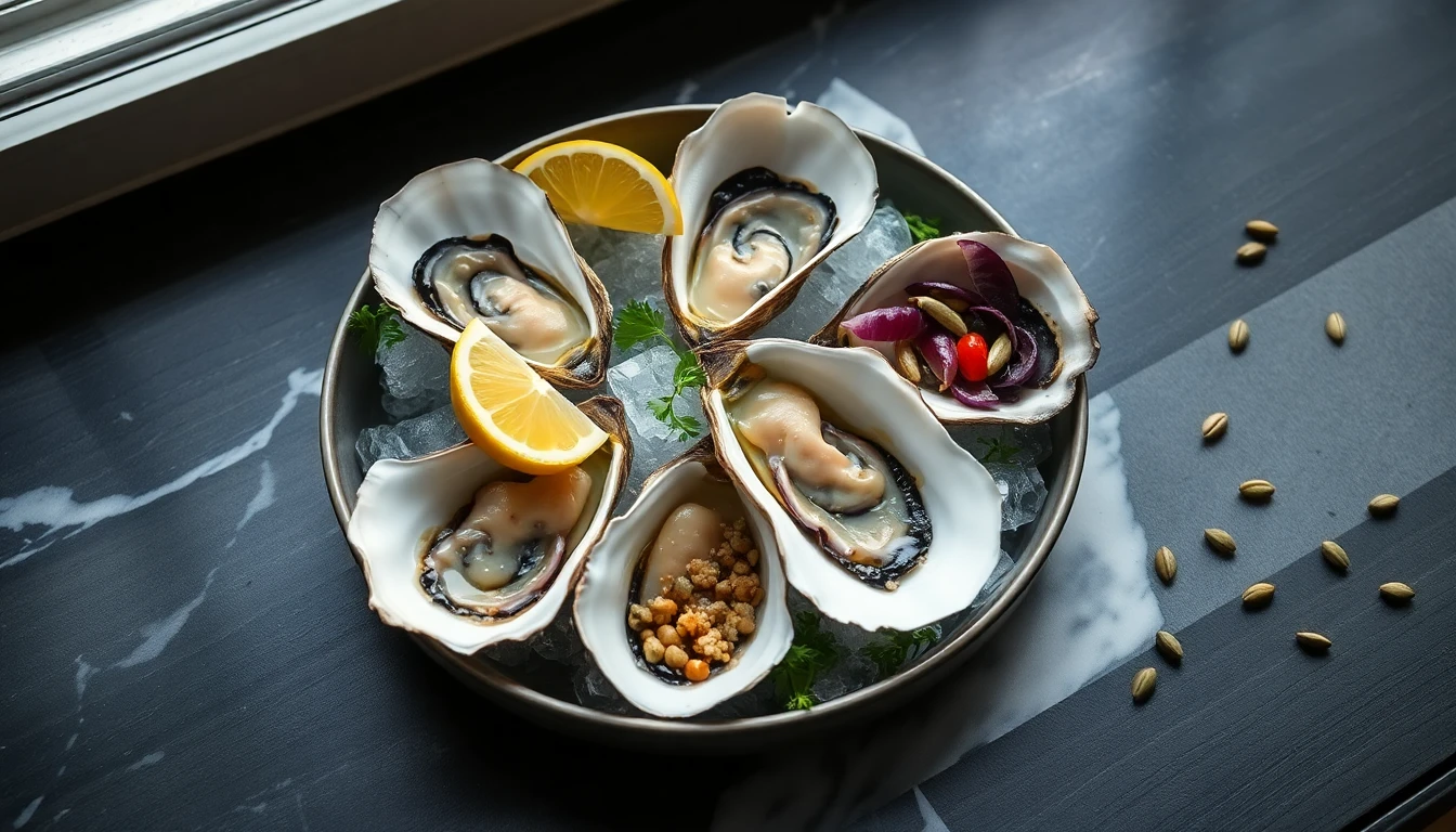 Fresh oysters on ice with lemon wedges and scattered pumpkin seeds on a marble surface